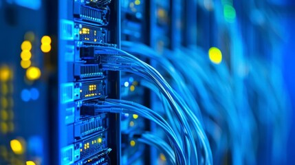 Poster - close-up of server rack with fiber optic cables in a data center.