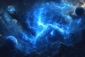 Poster - A breathtaking cosmic scene with vibrant blue nebulae, swirling gases, and planets scattered across the dark expanse of space.