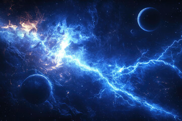 Poster - Cosmic energy surges through a nebula, illuminating planets and stars in a vibrant display of celestial power.