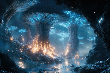 Poster - Enchanted bioluminescent forest with glowing mushrooms and trees in a mystical cave.