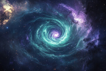 Poster - A mesmerizing cosmic swirl of teal and purple nebulae, stars, and a bright central core.