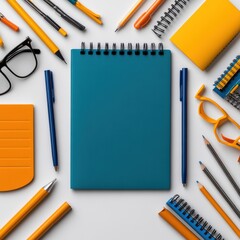 Aufkleber - A blue notebook sits on a table with a variety of writing utensils