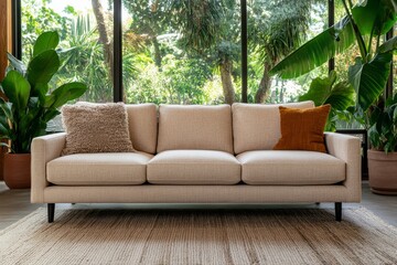 Aufkleber - Bright and inviting living room showcases a plush beige sofa with textured cushions, surrounded by vibrant monstera plants and bathed in natural light