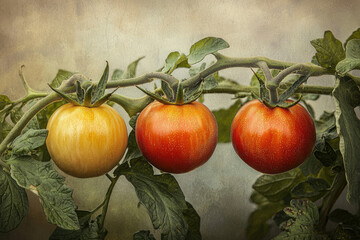Poster - Three ripe tomatoes, yellow and red, growing on a vine, showcasing the vibrant colors of nature's bounty.