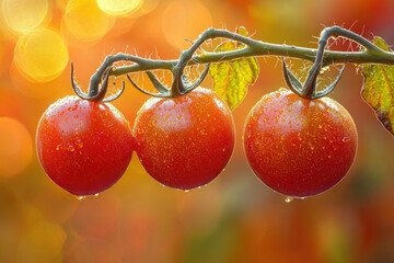 Poster - Three ripe red tomatoes glistening with water droplets hang on a vine against a warm, blurred background.