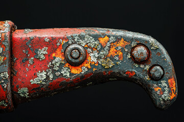 Poster - Close-up of a rusty, lichen-covered metal piece with bolts, showing texture and age.