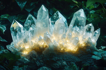 Aufkleber - Illuminated cluster of quartz crystals glowing in the dark, nestled amongst lush green foliage.