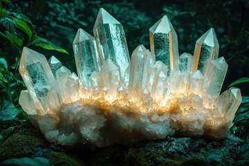 Poster - Illuminated cluster of quartz crystals, glowing with inner light, nestled amidst lush green foliage.