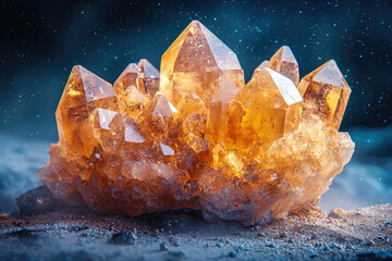 Poster - A stunning cluster of citrine crystals, glowing amber, rests on a sandy surface against a dark, starry backdrop.