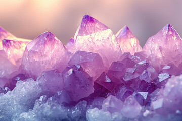 Poster - A breathtaking cluster of amethyst crystals, showcasing their vibrant purple hues and intricate formations under soft lighting.