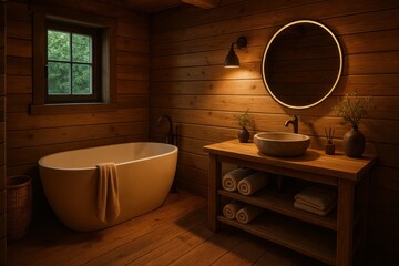 Poster - Cozy Wooden Bathroom with Natural Light and Simple Design