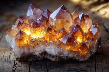 Poster - Luminous cluster of citrine and amethyst crystals, glowing warmly on rustic wood.