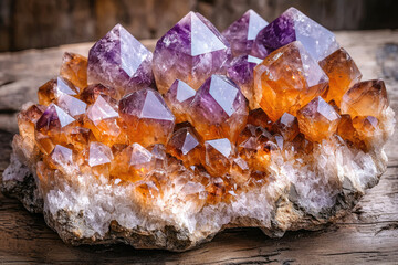 Poster - Stunning cluster of amethyst and citrine crystals showcasing vibrant purple and orange hues, a captivating geode formation.