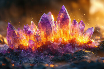 Poster - A cluster of vibrant purple and orange crystals glows intensely, resembling a fiery geode.