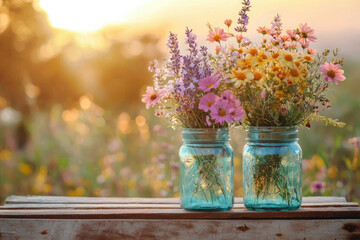 Aufkleber - Wildflowers in mason jars at sunset, a summer scene of rustic charm and natural beauty.