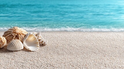 Poster - A beach scene with shells and a blue ocean