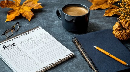 Aufkleber - A notebook with a list of things to do and a cup of coffee on a table