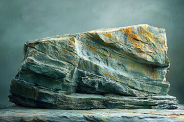Poster - A large, rough, layered rock formation with teal and orange hues, sits on a slate base against a muted green background.