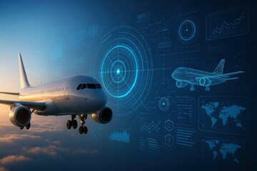 Poster - Futuristic Aircraft Design with Digital Interface and Sky Background