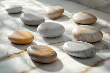 Aufkleber - Eight smooth stones of varying colors rest on a marble surface, bathed in sunlight.