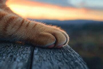 Poster - Ginger cat's paw resting on weathered wood at sunset, peaceful scene.