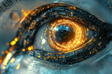 Poster - A futuristic, robotic eye stares intensely, glowing with intricate circuit patterns and a bright, otherworldly light at its core.