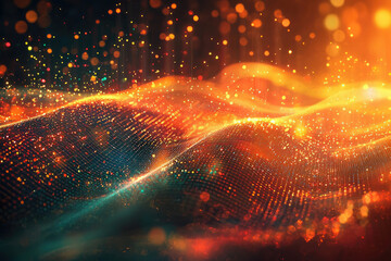 Poster - An abstract landscape featuring a digital mesh, glowing particles, and vibrant orange and turquoise color gradients, creating a futuristic and dynamic scene.
