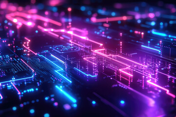 Poster - Abstract image of a futuristic cyberpunk circuit board with glowing neon blue and pink lights suggesting high technology.