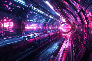 Poster - Futuristic tunnel with vibrant pink and blue neon lights, suggesting a high-tech journey into the unknown.