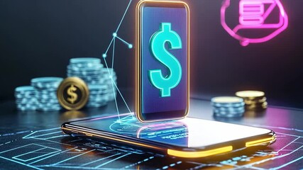 Poster - Conceptual hologram of smartphone displaying digital currency in a futuristic setting