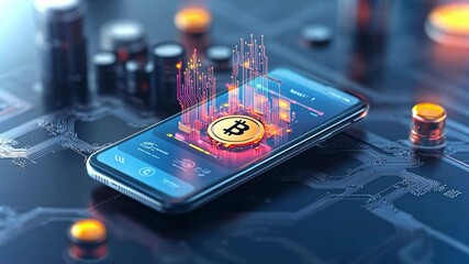 Poster - Creative conceptualization of holographic cryptocurrency display on smartphone in futuristic setting