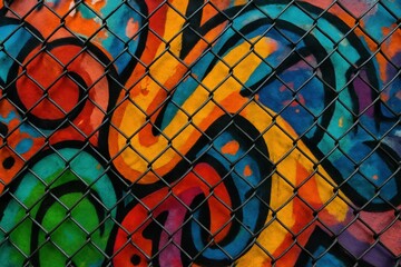 Poster - Colorful Graffiti on Chain Link Fence with Abstract Design