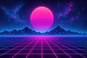Poster - Neon Cosmic Landscape with Vibrant Pink Sun and Grid Horizon