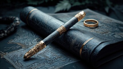 Aufkleber - A pen and two rings are on top of a book