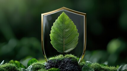 Poster - A leaf is displayed in a glass case, surrounded by green grass and moss