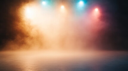 Aufkleber - Bright spotlights shine through a misty haze on a theater stage, while an excited audience waits in anticipation. The colorful lighting enhances the atmosphere