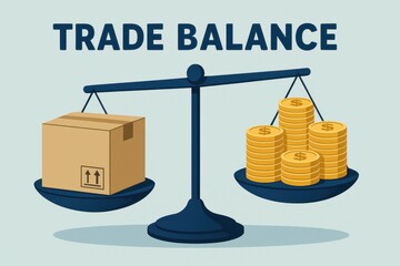 Poster - Trade Balance Concept with Box and Coins on Scales Illustration