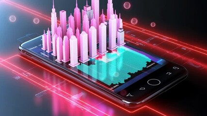 Poster - Creative hologram of a miniature cityscape displayed on a smartphone in 4K resolution