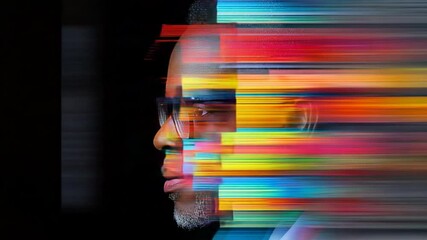 Poster - Abstract Portrait of a Man with Colorful Streaks Symbolizing Motion and Modernity in a Creative Artistic Style