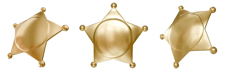 set of gold western sheriff police badge element 3d illustration cutout