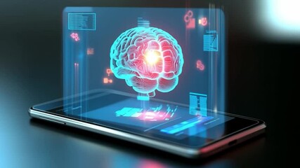 Fototapete - Innovative smartphone displaying holographic brain concept in a futuristic setting