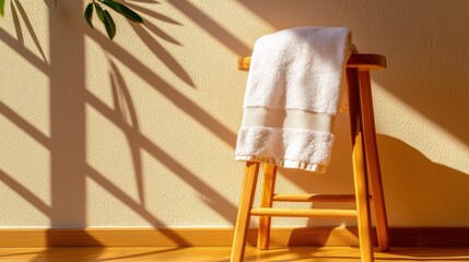 Poster - A white towel is draped over a wooden stool