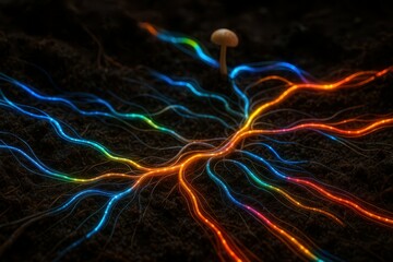 Poster - Bioluminescent Fungal Network with Colorful Light Patterns in Soil