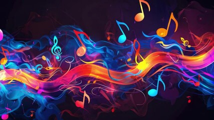 Poster - Colorful Abstract Music Waves with Musical Notes and Vibrant Motion on a Dark Background
