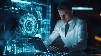 Poster - Scientist using laptop, analyzing data on futuristic interface.