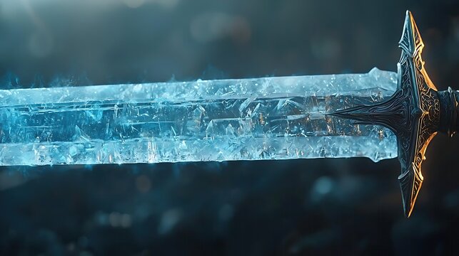 Glowing Blue Crystal Fantasy Sword with Gold Accents