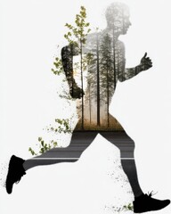Poster - Double Exposure Silhouette of a Runner with Nature Elements and Trees Merging in a Captivating Image