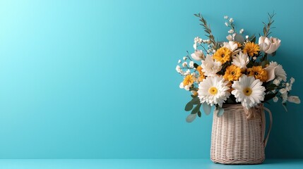 Poster - A vase of yellow and white flowers sits on a blue background