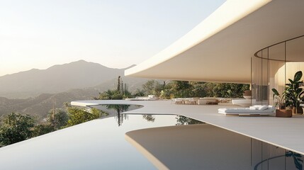 Poster - A modern white building with seamless glass walls, reflecting the surrounding nature in a bright and airy setting