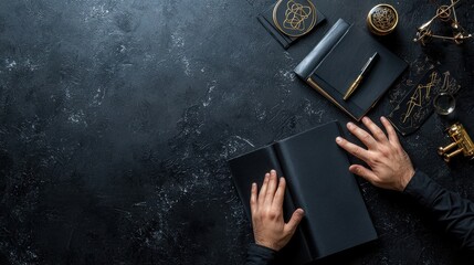 Poster - A man is writing in a black book on a table
